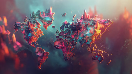 An abstract world map made from floating geometric shapes and vibrant huesの素材