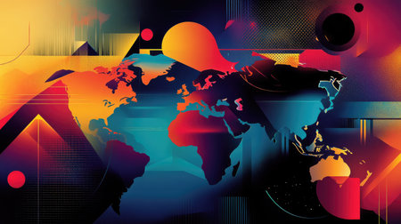 Abstract world map design using geometric shapes and vibrant colorsの素材