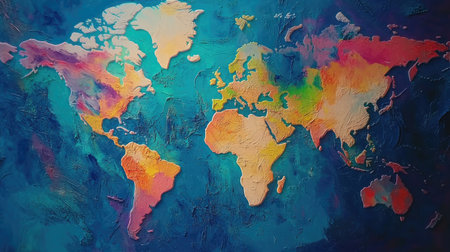 Artistic world map with brush stroke textures, vibrant colors blending continentsの素材
