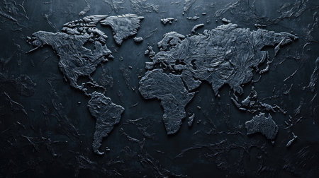 A monochrome world map with high contrast and sharp details on a black backgroundの素材