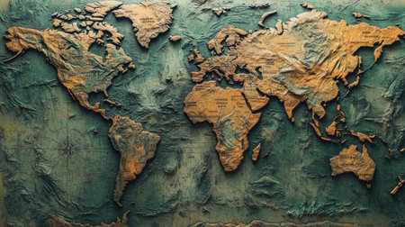 Close-up of a detailed world map with country names and small geographical detailsの素材