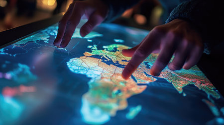 An interactive world map on a touch screen with zoom-in features and dynamic layersの素材