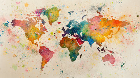Artistic world map made of watercolor splashes and brush strokes, colorful styleの素材