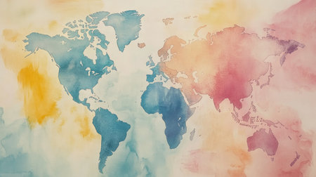 A world map with soft watercolor textures and pastel continents, abstract designの素材