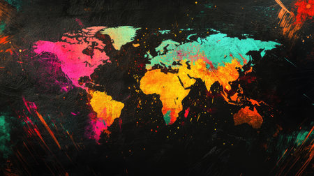 Abstract world map with splashes of bright colors, showing global regions artisticallyの素材