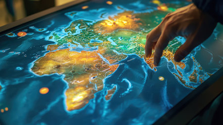 An interactive world map on a touch screen with zoom-in features and dynamic layersの素材