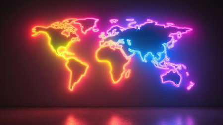 A world map with continents highlighted in bright neon, modern designの素材