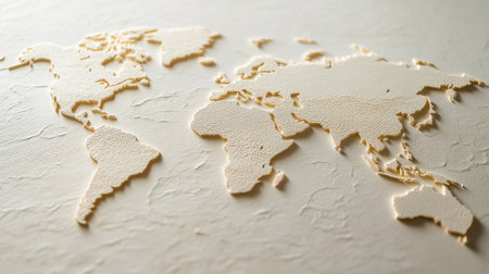 Close-up of a world map with textured paper background, country borders in soft focusの素材