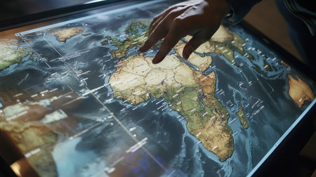 An interactive world map on a touch screen with zoom-in features and dynamic layersの素材