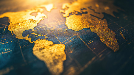 Close-up of a world map with highlighted continents, sharp lines and bright contrastの素材