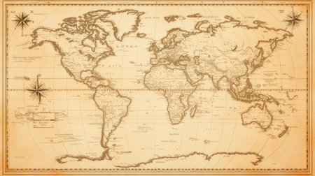 World map with country borders drawn in subtle dotted lines, soft vintage tonesの素材