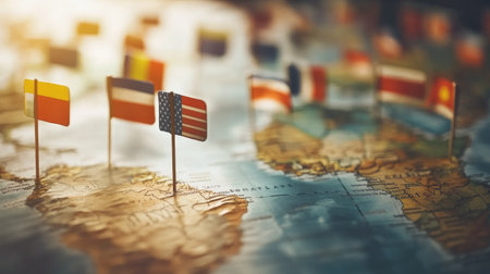 World map with country flags representing different nations, dynamic compositionの素材