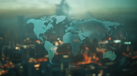 Transparent world map overlaid on a blurred cityscape background, tech vibeの素材