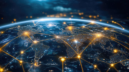 Digital world map with glowing lines and data points, modern and high-tech lookの素材