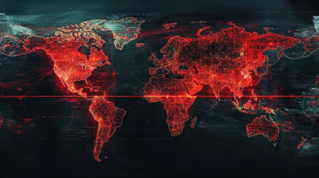 World map with major trade routes drawn in bright red, showing global connectionsの素材