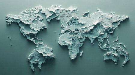 Minimalist world map with large oceans and small, subtle country outlinesの素材