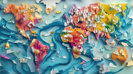 World map created using a top-down view of paper cutouts, creative and colorfulの素材