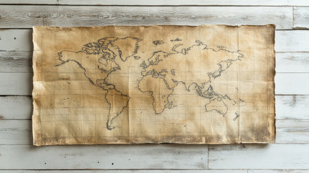 World map on an old parchment background, vintage aesthetic with faded edgesの素材