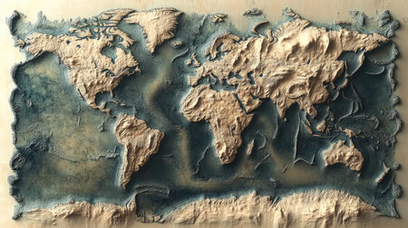 High-resolution world map with topographic details, showing landforms and elevationsの素材
