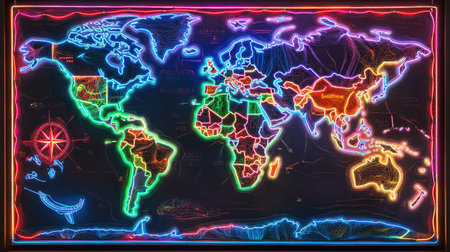 World map with bright neon accents, emphasizing global travel routesの素材