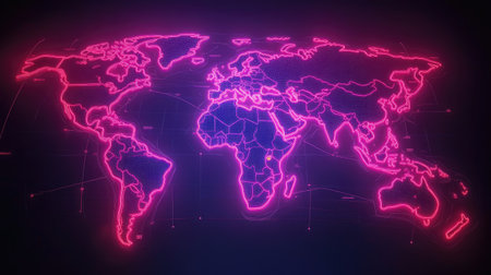 World map with bright neon outlines of continents and bright data points for major citiesの素材
