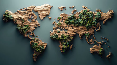 World map made from natural textures like wood and stone, earthy styleの素材