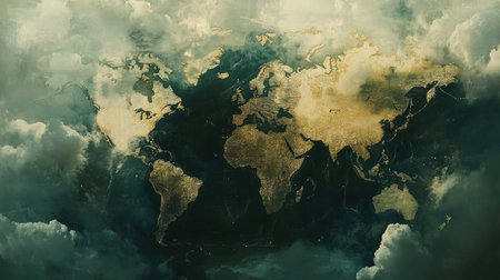 World map with cloud textures overlaid, giving it a dreamy, abstract lookの素材