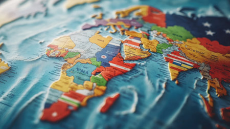 World map with country flags representing different nations, dynamic compositionの素材