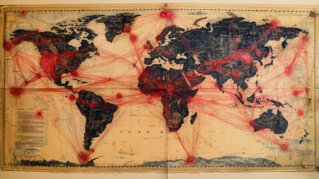 World map with major trade routes drawn in bright red, showing global connectionsの素材