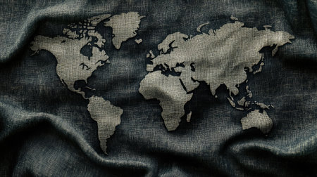Vintage world map on a dark fabric texture with soft lighting for a classic lookの素材