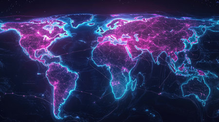 World map with highlighted trade routes and shipping lanes in neon colorsの素材