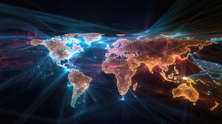 World map featuring trade routes and network connections, high-tech designの素材