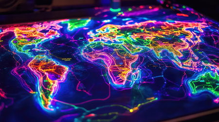 World map with bright neon accents, emphasizing global travel routesの素材