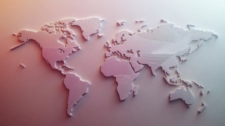 World map with diagonal gradient lines and minimalist geometric shapes representing countriesの素材