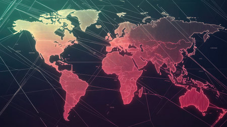 World map with diagonal gradient lines and minimalist geometric shapes representing countriesの素材