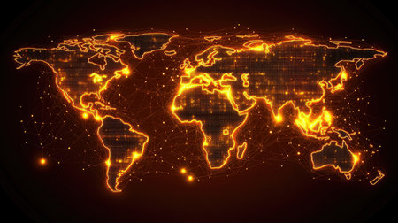 World map with a glowing grid and data points, symbolizing a digital networkの素材