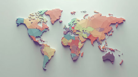 World map with diagonal gradient lines and minimalist geometric shapes representing countriesの素材