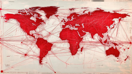 World map with major trade routes drawn in bright red, showing global connectionsの素材