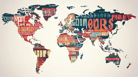 World map with bold country labels, minimal design on a light backgroundの素材