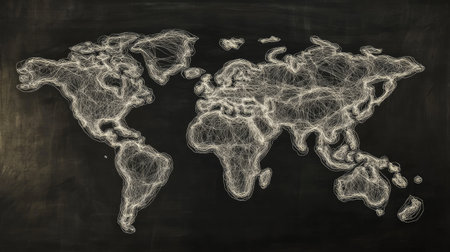 World map with thin white lines outlining continents against a black backgroundの素材
