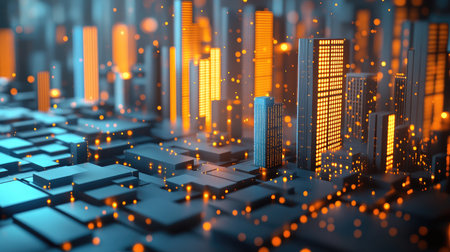 3D wallpaper with a futuristic cityscape, showcasing towering structures and glowing lightsの素材
