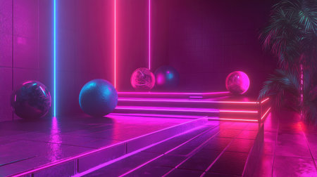 3D wallpaper featuring glowing lines and geometric figures in bright neon colors for a futuristic designの素材