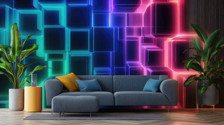 3D wallpaper with a sci-fi inspired design, featuring holographic elements and glowing neon edgesの素材