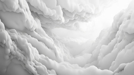 3D wallpaper with layered clouds, giving a soft and ethereal effect in shades of white and light grayの素材