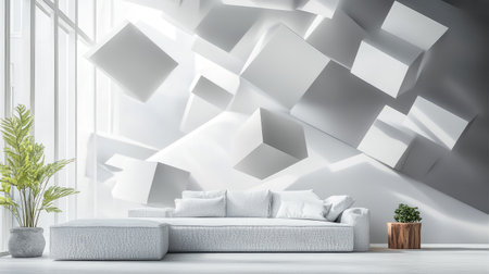 Abstract 3D wallpaper with floating geometric shapes and reflective surfaces, modern and dynamic feelの素材