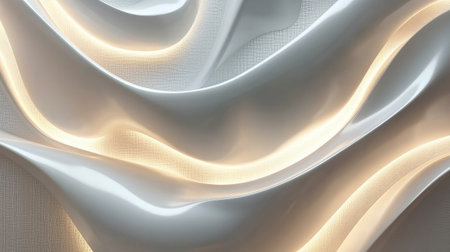 A 3D wallpaper design with smooth, curving lines and glowing accents in metallic tones for a modern touchの素材