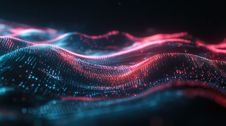 Futuristic 3D wallpaper with neon lights and abstract waves, creating a sense of motion and energyの素材