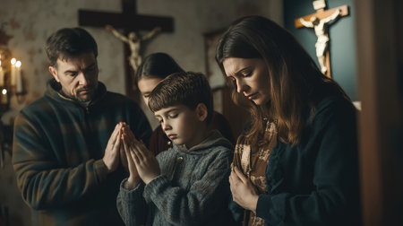 A Christian family praying together, with a crucifix and image of Jesus Christ in the backgroundの素材