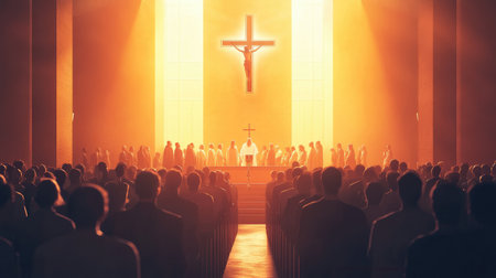 A Christian congregation in worship with a cross and image of Jesus Christ displayed above the altarの素材