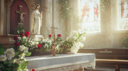 A peaceful scene of a Christian church altar with a statue of Jesus, symbolizing Christian worshipの素材